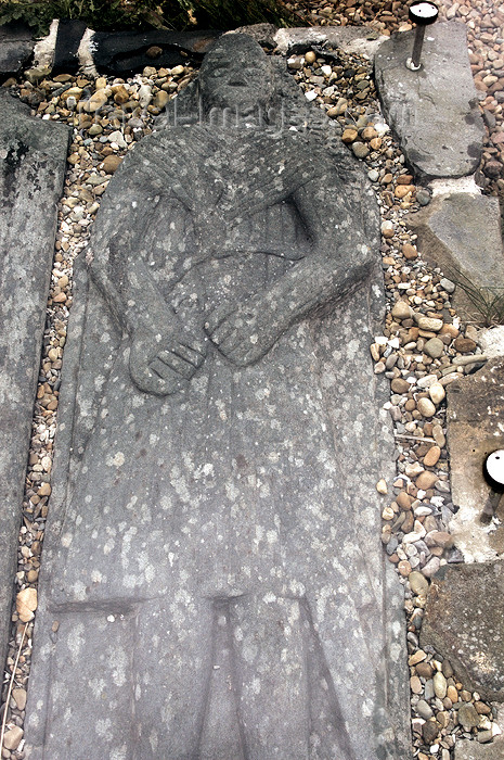 scot186: Scotland - Islay Island - Finlaggan: a memorial stone depicting a clansman decked out in highland armour - the stone is on display inside the ruins of the 14th century chapel - photo by C.McEachern - (c) Travel-Images.com - Stock Photography agency - Image Bank