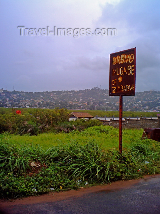 sierra-leone18: Lumley Beach, Freetown Peninsula, Sierra Leone: 'Bravo Mugabe of Zimbabwe' road side signpost - photo by T.Trenchard - (c) Travel-Images.com - Stock Photography agency - Image Bank