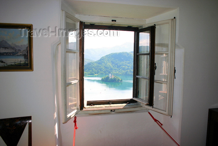 slovenia157: Slovenia - window - view across Lake Bled to island church from inside castle - photo by I.Middleton - (c) Travel-Images.com - Stock Photography agency - Image Bank