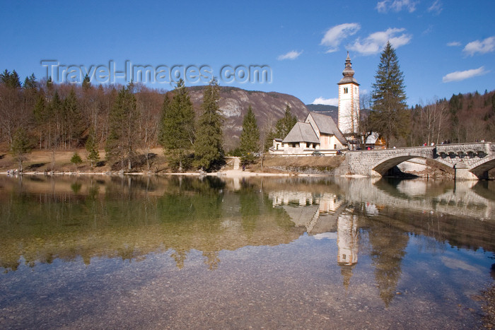 slovenia192: Slovenia - Ribcev Laz - Church of St John the Baptist / Sv. Janez church and the stone bridge - View across Bohinj Lake in Spring - photo by I.Middleton - (c) Travel-Images.com - Stock Photography agency - Image Bank