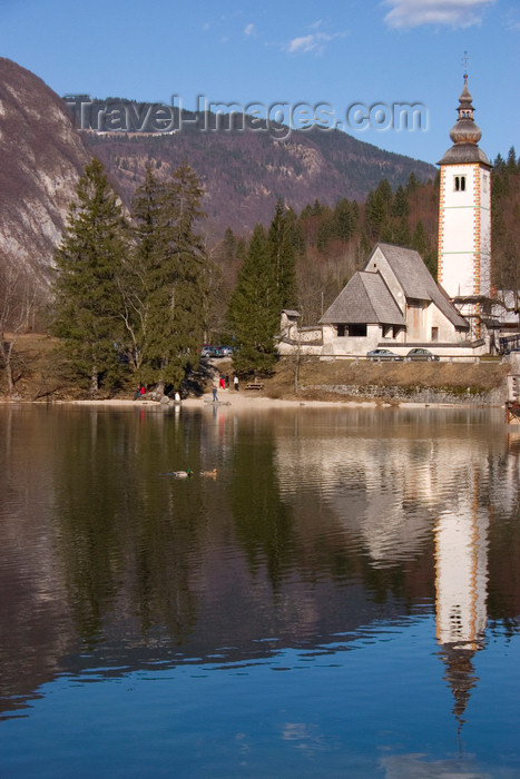 slovenia198: Slovenia - Ribcev Laz - church relection - Bohinj Lake in Spring - photo by I.Middleton - (c) Travel-Images.com - Stock Photography agency - Image Bank