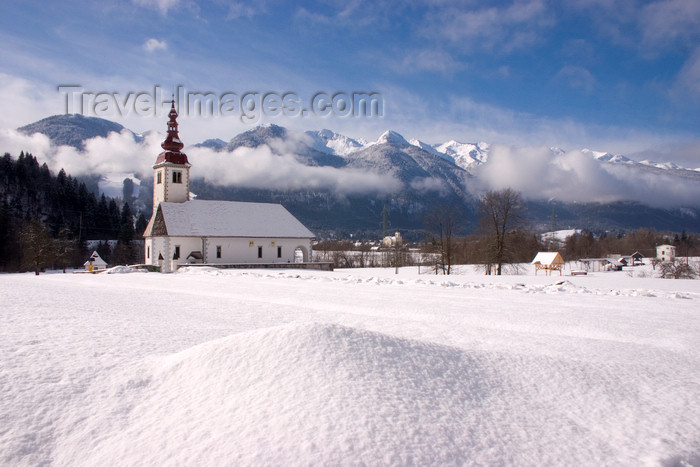slovenia227: Slovenia - snow and church of Assumption of Mary in Bitnje -  Bohinjska Bistrica - Bohinj Valley - photo by I.Middleton - (c) Travel-Images.com - Stock Photography agency - Image Bank