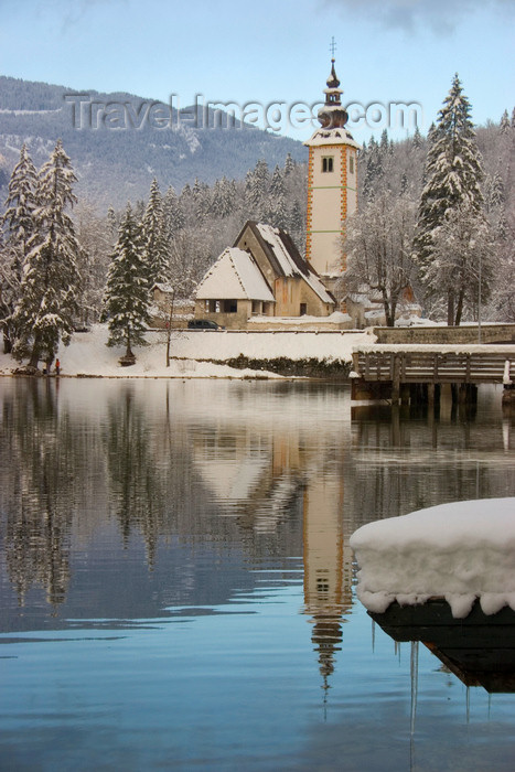 slovenia238: Slovenia - Ribcev Laz - St John's church - view across Bohinj Lake in winter - photo by I.Middleton - (c) Travel-Images.com - Stock Photography agency - Image Bank