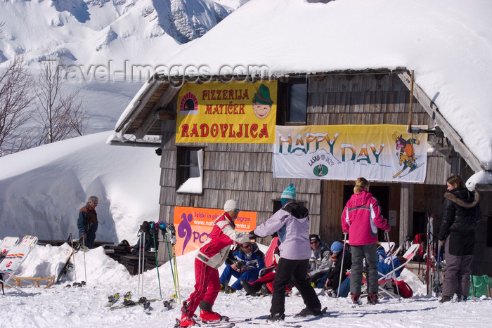 slovenia280: Slovenia - pizzeria and skiers on Vogel mountain in Bohinj - photo by I.Middleton - (c) Travel-Images.com - Stock Photography agency - Image Bank