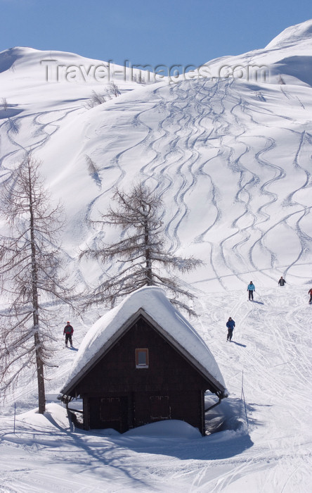slovenia283: Slovenia - Mountain Hut and people skiing on Vogel mountain in Bohinj - photo by I.Middleton - (c) Travel-Images.com - Stock Photography agency - Image Bank