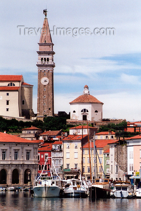 slovenia408: Slovenia - Piran: harbour - fishing boats and the campanile and baptistry of St George's chuch - Luka Piran - Cerkev sv. Jurija - photo by M.Torres - (c) Travel-Images.com - Stock Photography agency - Image Bank