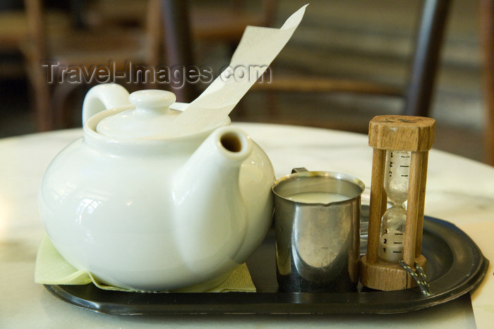 slovenia445: Cajek tea house , Maribor , Slovenia . Your tea comes with a wooden hourglass timer for brewing .  - photo by I.Middleton - (c) Travel-Images.com - Stock Photography agency - Image Bank