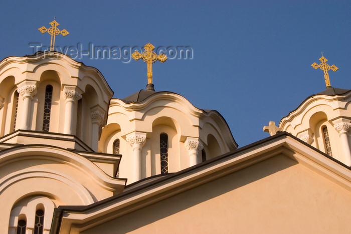 slovenia50: three gilded crosses on top of domed towers - Serbian Orthodox church of SS. Cyril and Methodius, Ljubljana , Slovenia - photo by I.Middleton - (c) Travel-Images.com - Stock Photography agency - Image Bank