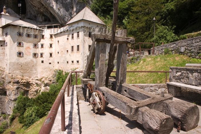 slovenia535: Predjama Castle - catapult, Slovenia- photo by I.Middleton - (c) Travel-Images.com - Stock Photography agency - Image Bank