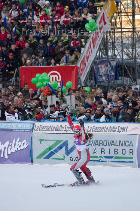 slovenia674: Womens world cup slalom - celebrating a good mark, Kranjska Gora, Podkoren, Slovenia - photo by I.Middleton - (c) Travel-Images.com - Stock Photography agency - Image Bank