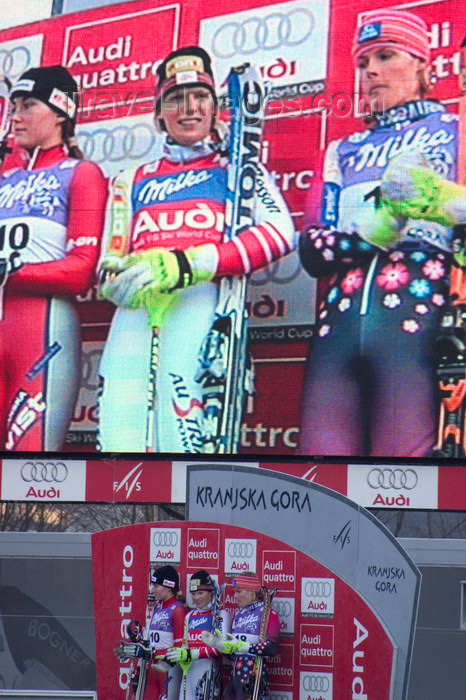 slovenia675: Womens world cup slalom award ceremony - winners live and on screen, Kranjska Gora, Podkoren, Slovenia - photo by I.Middleton - (c) Travel-Images.com - Stock Photography agency - Image Bank