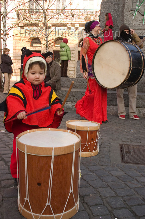 slovenia717: Slovenia - Ljubliana: Pust celebrations - drummers of all sizes - photo by I.Middleton - (c) Travel-Images.com - Stock Photography agency - Image Bank