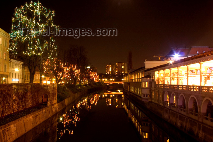 slovenia72: Ljubljanica River and Plecnik's Market Arcades - city center lit up at night for Christmas, Ljubljana, Slovenia - photo by I.Middleton - (c) Travel-Images.com - Stock Photography agency - Image Bank