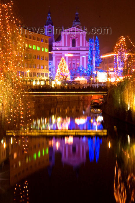 slovenia78: river Ljubljanica and the Franciscan church at night - Christmas lights, Ljubljana , Slovenia - photo by I.Middleton - (c) Travel-Images.com - Stock Photography agency - Image Bank