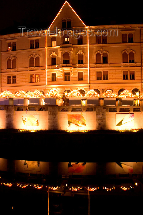 slovenia80: riverfront façade in the centre - Christmas lights, Ljubljana , Slovenia - photo by I.Middleton - (c) Travel-Images.com - Stock Photography agency - Image Bank