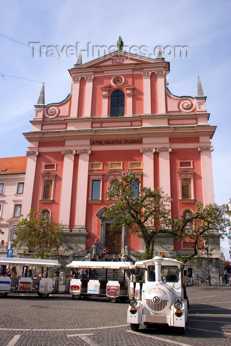 slovenia86: Franciscan church of the Annunciation and tourist train, Ljubljana, Slovenia - photo by I.Middleton - (c) Travel-Images.com - Stock Photography agency - Image Bank