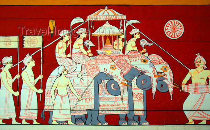 sri-lanka279: Kandy, Central province, Sri Lanka: the tooth arrives on an elephant - fresco at the temple of the tooth - Dalada Maligawa - photo by M.Torres - (c) Travel-Images.com - Stock Photography agency - Image Bank