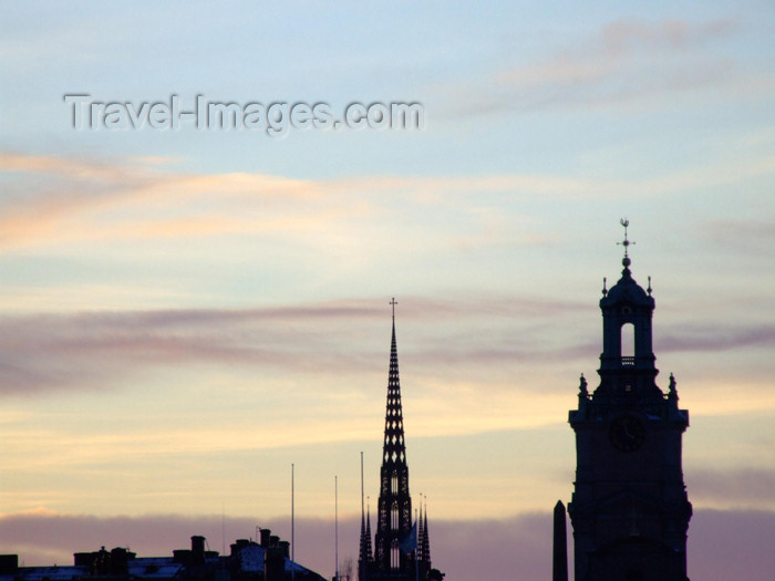 sweden68: Sweden - Stockholm: steeples at dusk - skyline, Store Kyrkan and Riddarholmskyrkan photo by M.Bergsma) - (c) Travel-Images.com - Stock Photography agency - Image Bank