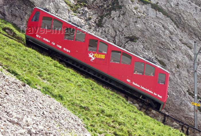 switz276: Switzerland / Suisse / Schweiz / Svizzera - Mt Pilatus (Unterwalden - Obwalden split Kanton): steepest rack-and-pinion railway in the world - train on a mountain slope / le train à crémaillère monte sur une pente / Steilste Zahnradbahn der Welt - photo by C.Roux - (c) Travel-Images.com - Stock Photography agency - Image Bank