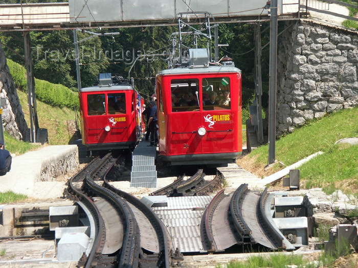 switz279: Switzerland / Suisse / Schweiz / Svizzera - Mt Pilatus (Unterwalden - Obwalden half Kanton): trains at the midway station - Cog railway / station intermédiaire - photo by C.Roux - (c) Travel-Images.com - Stock Photography agency - Image Bank