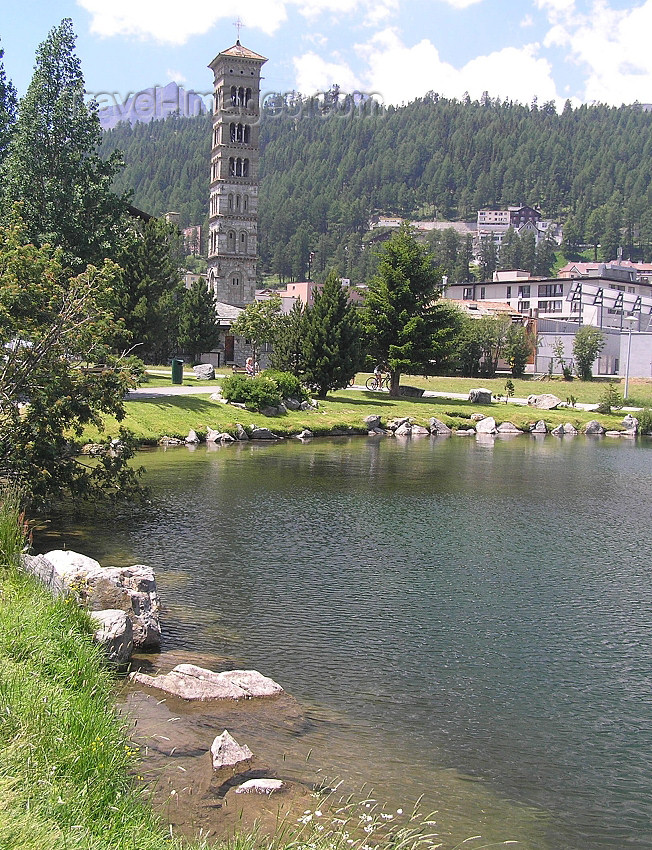 switz332: Switzerland - St Moritz / Sogn Murezzi - Graubünden / Grigioni canton - Lake of San Murezzano and  St.Karl catholic church, at St.Moritz-Bad - Engadine valley - photo by J.Kaman - (c) Travel-Images.com - Stock Photography agency - Image Bank