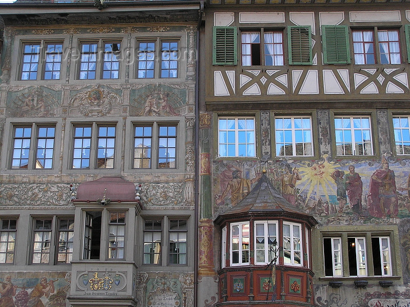 switz341: Switzerland - Stein am Rhein - canton of Schaffhausen: Vordere Krone, left, and Gasthof zur Sonne - mural paintings and gazebos in the medieval centre - photo by J.Kaman - (c) Travel-Images.com - Stock Photography agency - Image Bank