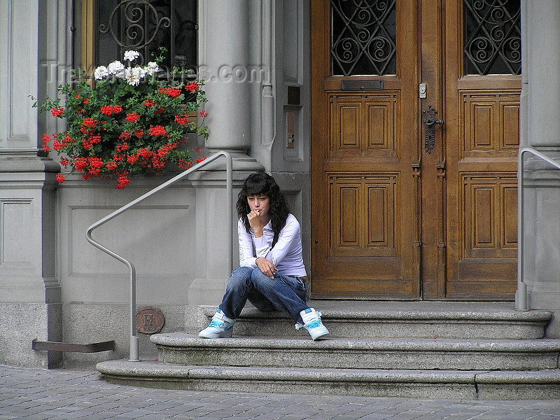 switz344: Switzerland - Stein am Rhein - canton of Schaffhausen: pensive girl on steps - photo by J.Kaman - (c) Travel-Images.com - Stock Photography agency - Image Bank