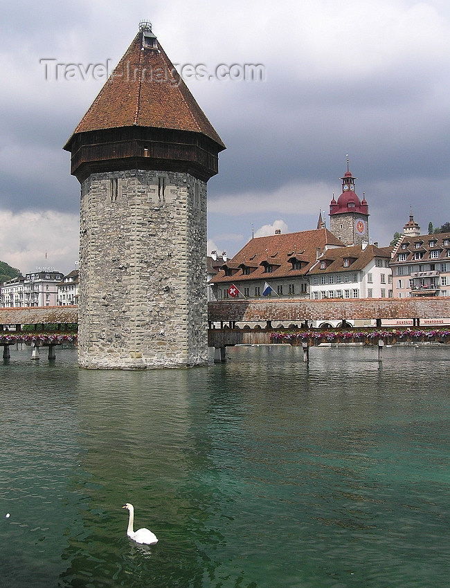 switz354: Switzerland - Luzern / Lucerne: Water tower and Chapel bridge - photo by J.Kaman - (c) Travel-Images.com - Stock Photography agency - Image Bank