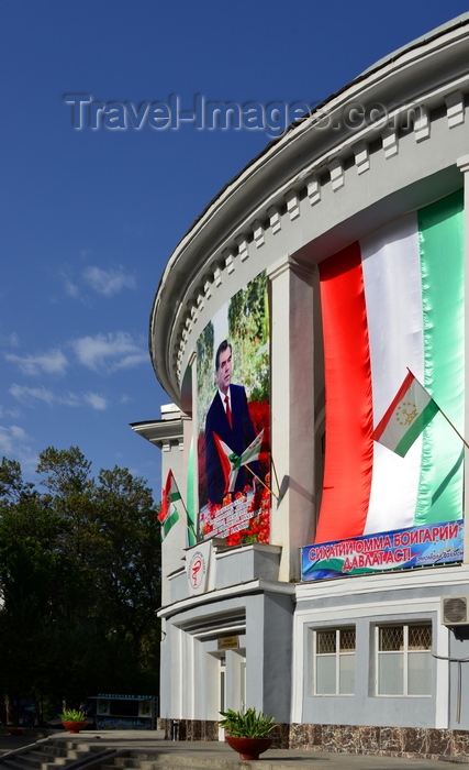tajikistan2: Dushanbe, Tajikistan: Soviet period clinic on Bukhoro Street - flags of Tajikistan and President Emomali Rahmon image - photo by M.Torres - (c) Travel-Images.com - Stock Photography agency - Image Bank