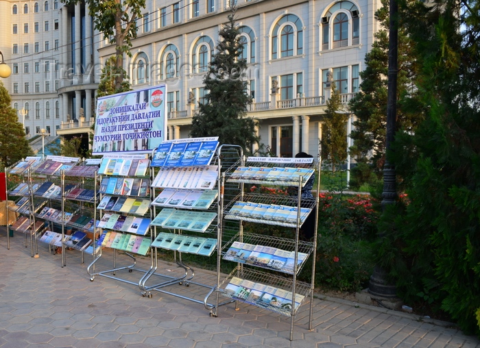 tajikistan43: Dushanbe, Tajikistan: books by or about president Emomali Rahmon in front of the National Library - Dusti square - photo by M.Torres - (c) Travel-Images.com - Stock Photography agency - Image Bank