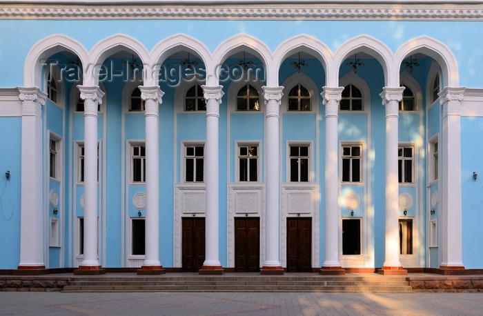 tajikistan70: Dushanbe, Tajikistan: elegant blue façade with arcade of the A. Lahuti Academic Theatre, Soviet architecture on Rudaki avenue - photo by M.Torres - (c) Travel-Images.com - Stock Photography agency - Image Bank