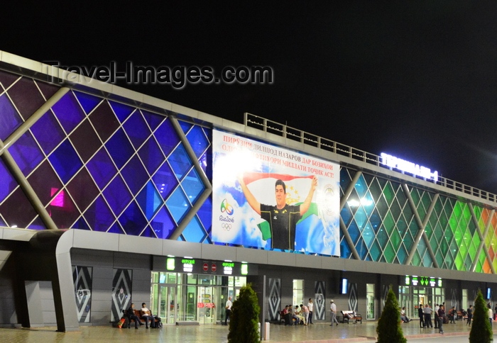 tajikistan74: Dushanbe, Tajikistan: Dushanbe International Airport at night - terminal 1 façade - photo by M.Torres - (c) Travel-Images.com - Stock Photography agency - Image Bank