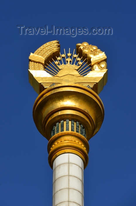 tajikistan8: Dushanbe, Tajikistan: Parchan column bearing the Tajikistani national emblem / coat of arms - Soviet style frame with crown, sun and the Pamir mountains - photo by M.Torres - (c) Travel-Images.com - Stock Photography agency - Image Bank