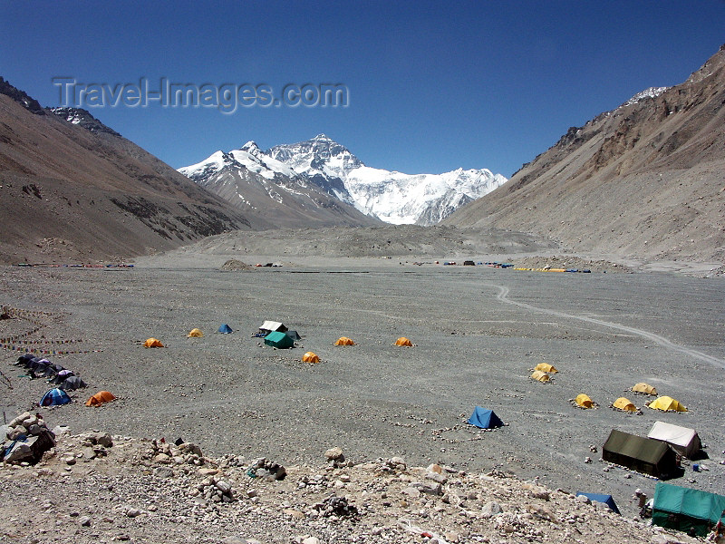 tibet4: Tibet - Mount Everest: northern side of the mountain and the base camp in the valley - tents - the highest mountain on Earth - Chomolangma or Qomolangma or Sagarmatha - photo by P.Artus - (c) Travel-Images.com - Stock Photography agency - Image Bank