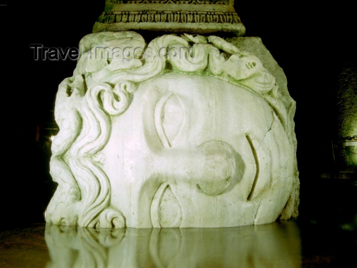 turkey161: Istanbul, Turkey: Basilica Cistern - built by Byzantine emperor Justinian in 532 AD - Medusa head pillar - Yerebatan Sarnici - photo by M.Bergsma - (c) Travel-Images.com - Stock Photography agency - Image Bank