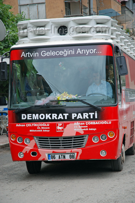 turkey526: Yusufeli / Perterek, Artvin Province, Black Sea region, Turkey: campaing bus of the Democratic Party - Demokrat Parti - conservative ideology - photo by W.Allgöwer - (c) Travel-Images.com - Stock Photography agency - Image Bank