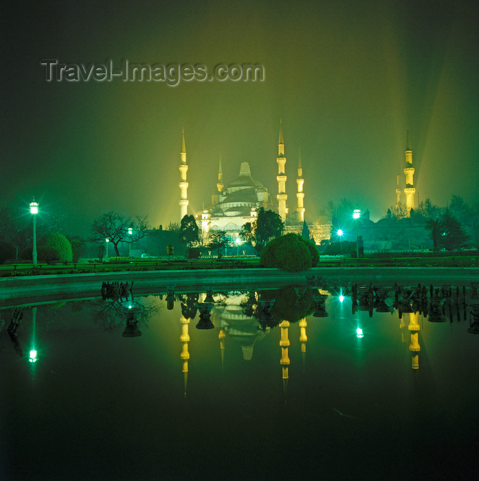 turkey596: Istanbul, Turkey: Blue mosque at night - mirror reflection - Sultan Ahmad square - Eminönü District - photo by W.Allgöwer - (c) Travel-Images.com - Stock Photography agency - Image Bank