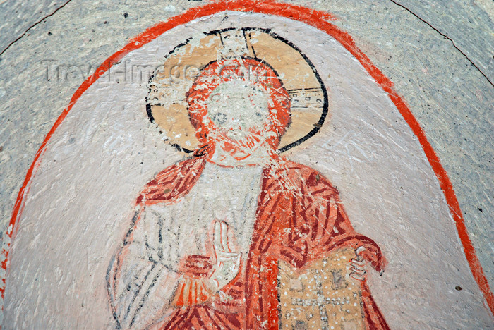 turkey621: Cappadocia - Göreme, Nevsehir province, Central Anatolia, Turkey: Open Air Museum - vandalised wall painting - Christ with book offers a blessing with the right hand - photo by W.Allgöwer - (c) Travel-Images.com - Stock Photography agency - Image Bank