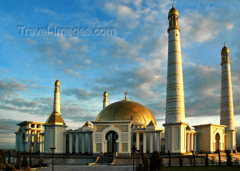 turkmenistan29: Turkmenistan - Ashghabat / Ashgabat / Ashkhabad / Ahal / ASB: Kipchak Mosque at dusk - Islamic Architecture - verses from the Rukhnama have been inscribed on the walls - late afternoon - built by Bouygues - Turkmenbashy's Ruhy Mosque - architects Kakajan  - (c) Travel-Images.com - Stock Photography agency - Image Bank