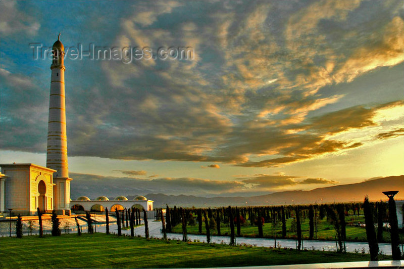 turkmenistan57: Turkmenistan - Ashghabat / Ashgabat / Ashkhabad / Ahal / ASB: Kipchak Mosque - minaret at sunset - Islamic Architecture - photo by G.Karamyanc - (c) Travel-Images.com - Stock Photography agency - Image Bank