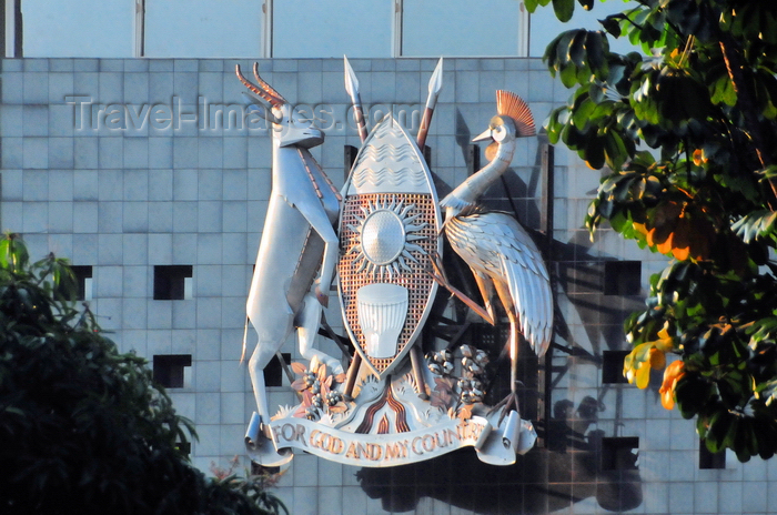 uganda134: Kampala, Uganda: Coat of Arms of Uganda, facade of the Parliament of the Republic of Uganda - shield, Ugandan Kob and Grey-crowned crane - photo by M.Torres - (c) Travel-Images.com - Stock Photography agency - Image Bank