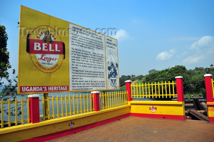 uganda148: Jinja, Uganda: terrace over the source of the Nile river, where it leaves Lake Victoria - former location of Rippon Falls, now gone due to the construction of Owen Falls Dam downstream - Jinja Municipality information billboard sponsored by Bell lager - photo by M.Torres - (c) Travel-Images.com - Stock Photography agency - Image Bank