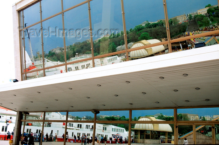 ukra32: Odessa, Ukraine: glass façade of the maritime terminal, reflecting a cruise ship and the Potemkin stairs - port of Odessa - photo by K.Gapys - (c) Travel-Images.com - Stock Photography agency - Image Bank