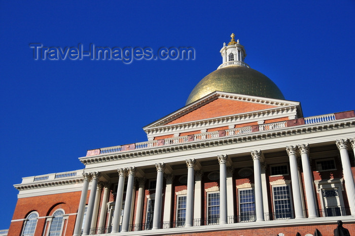 usa1122: Boston, Massachusetts, USA: Massachusetts State House - elevated portico with Corinthian columns - red brick walls, white pillars and trim, and golden dome catching the sun - photo by M.Torres - (c) Travel-Images.com - Stock Photography agency - Image Bank