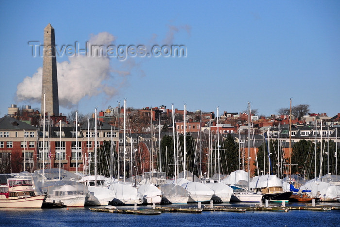 usa1141: Boston, Massachusetts, USA: Charlestown - Constitution Marina - moored and covered sailboats with the Bunker Hill obelisk in the background - photo by M.Torres - (c) Travel-Images.com - Stock Photography agency - Image Bank