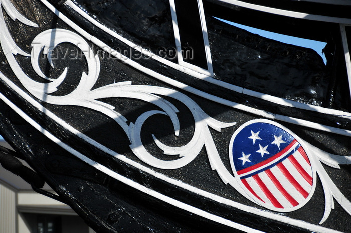 usa1149: Boston, Massachusetts, USA: Charlestown Navy Yard - USS Constitution - prow decoration - stars and stripes - wooden-hulled, three-masted heavy frigate - photo by M.Torres - (c) Travel-Images.com - Stock Photography agency - Image Bank