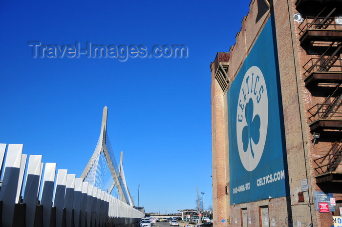 usa1176: Boston, Massachusetts, USA: Leonard P. Zakim Bunker Hill Memorial Bridge - cable-stayed bridge - Boston Celtics logo on Lovejoy Wharf - photo by M.Torres - (c) Travel-Images.com - Stock Photography agency - Image Bank