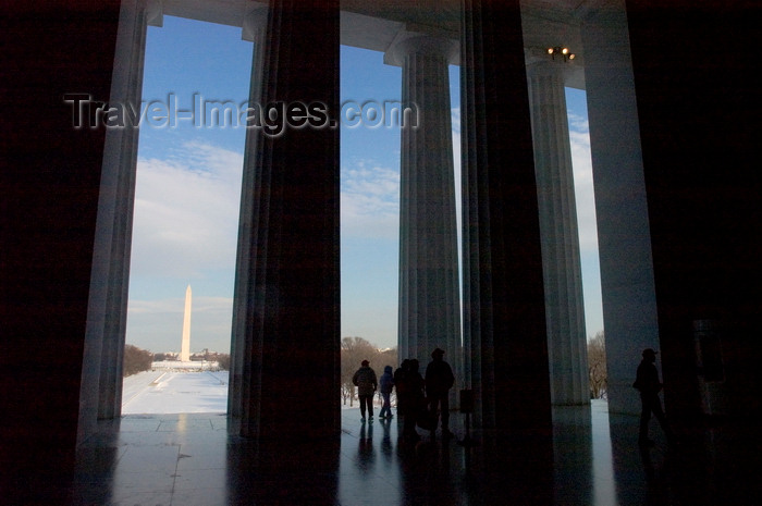 usa1354: Washington, D.C., USA: Washington Memorial and the frozen Reflecting Pool seen from the interior statue of the Lincoln Memorial - fluted Doric columns - National Mall - photo by C.Lovell - (c) Travel-Images.com - Stock Photography agency - Image Bank