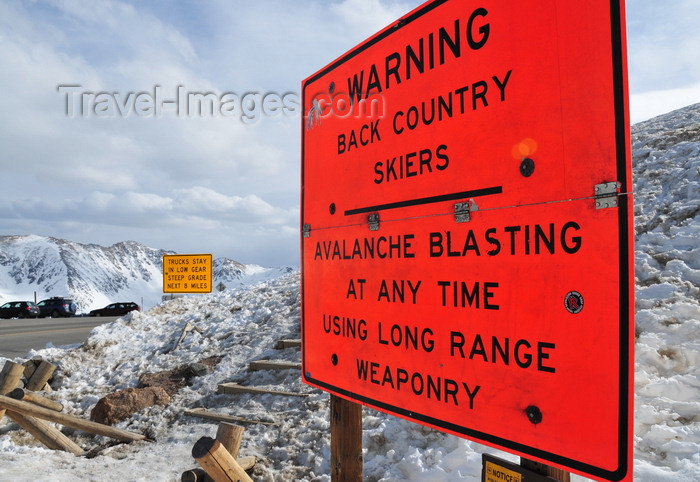 usa1543: Loveland pass, Colorado, USA: long range cannons are used for avalanche blasting - warning sign - photo by M.Torres - (c) Travel-Images.com - Stock Photography agency - Image Bank