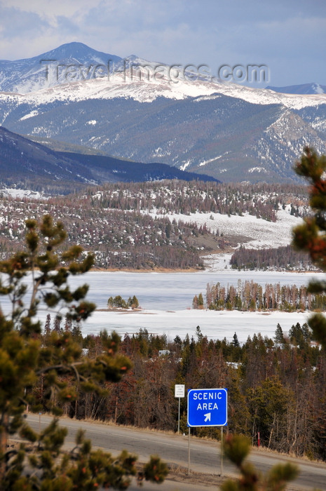 usa1544: Dillon Reservoir, Summit County, Colorado, USA: stating the obvious - Interstate 70 sign pointing to the scenic area - Blue River Basin - photo by M.Torres - (c) Travel-Images.com - Stock Photography agency - Image Bank